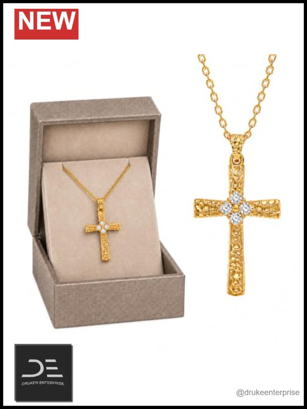 Moissanite Cross Necklace 18K Gold Plated Sterling Silver Hammered Pendant
